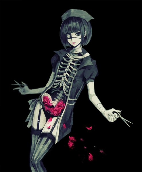 Anime picture 800x971 with original yumeno yume single tall image looking at viewer fringe short hair light erotic black hair simple background standing bent knee (knees) nail polish head tilt fingernails lips black eyes open clothes leaning lipstick