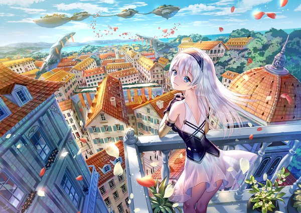Anime picture 1500x1061 with original midori foo single long hair looking at viewer fringe blue eyes smile hair between eyes standing bare shoulders signed payot sky silver hair cloud (clouds) outdoors looking back from above wind