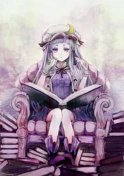 Anime picture 707x1000 with touhou patchouli knowledge childofa single long hair tall image looking at viewer fringe sitting purple eyes purple hair girl dress gloves boots white gloves book (books) bonnet armchair
