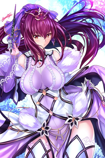 Anime picture 2400x3600 with fate (series) fate/grand order scathach (fate) (all) scathach skadi (fate) nez-kun (nezkunn) single long hair tall image looking at viewer blush fringe highres breasts light erotic hair between eyes large breasts standing bare shoulders holding brown eyes