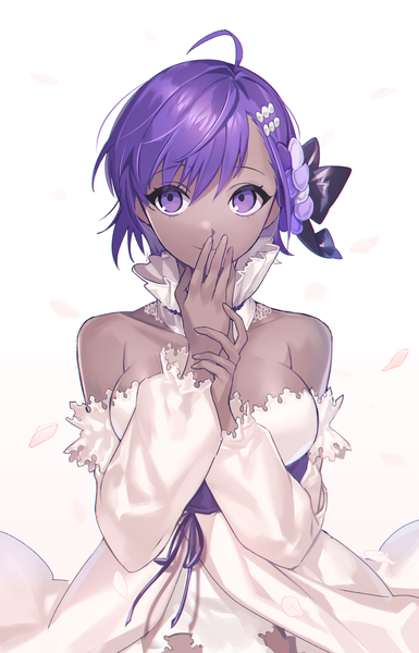 Anime picture 1061x1653 with fate (series) fate/grand order fate/prototype: fragments of blue and silver fate/prototype hassan of serenity (fate) hamutyar0 single tall image short hair breasts simple background large breasts white background purple eyes cleavage purple hair upper body ahoge official alternate costume dark skin