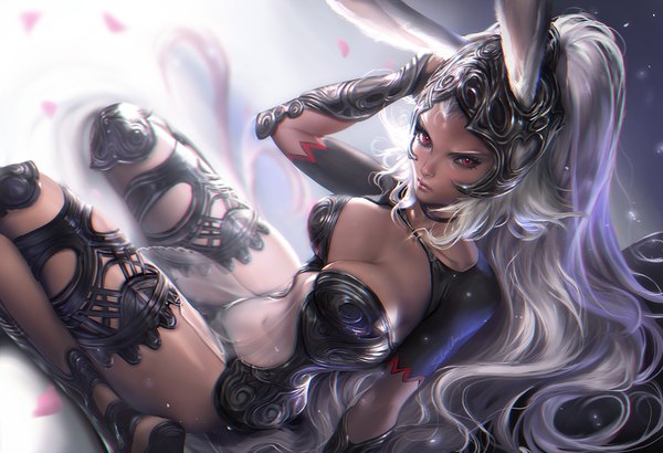 Anime picture 1500x1026 with final fantasy final fantasy xii square enix fran sakimichan single long hair looking at viewer fringe breasts light erotic simple background red eyes large breasts sitting signed animal ears cleavage silver hair bent knee (knees)
