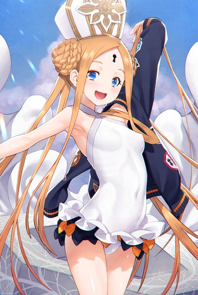 Anime picture 1339x2000 with fate (series) fate/grand order abigail williams (fate) abigail williams (swimsuit foreigner) (fate) kazuma muramasa single tall image open mouth blue eyes light erotic blonde hair sky cloud (clouds) very long hair :d open jacket armpit (armpits) hair bun (hair buns) covered navel covered nipples
