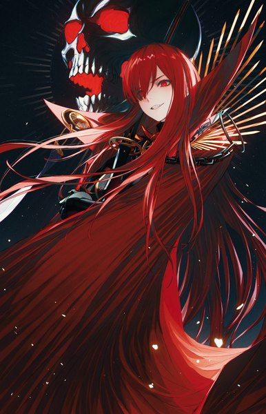Anime-Bild 752x1169 mit fate (series) fate/grand order koha-ace oda nobunaga (fate) (all) oda nobunaga (maou avenger) (fate) wanke single long hair tall image looking at viewer fringe simple background smile red eyes red hair hair over one eye grin gradient background girl weapon