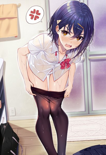 Anime-Bild 3154x4603 mit original moe2022 rumeha (aormsj22) single tall image looking at viewer highres short hair open mouth light erotic brown eyes blue hair absurdres indoors wet leaning leaning forward wet clothes anger vein dressing