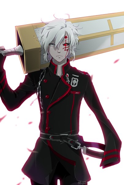 Anime picture 800x1183 with d.gray-man allen walker gin pyon single tall image looking at viewer fringe short hair simple background hair between eyes red eyes standing white background holding signed white hair arm up grey eyes heterochromia facial mark