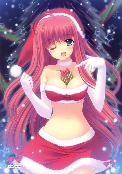 Anime picture 2463x3500 with original nishimata aoi single long hair tall image blush highres breasts open mouth blue eyes light erotic bare shoulders red hair one eye closed wink fur trim christmas pointing merry christmas girl