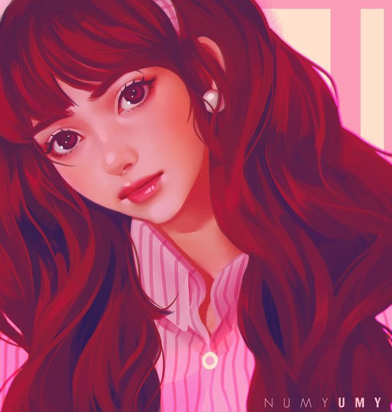 Anime picture 800x840 with original numyumy single long hair tall image looking at viewer fringe signed red hair pink eyes lipstick watermark portrait striped pink lipstick girl earrings shirt headband buttons