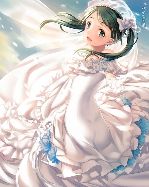Anime picture 754x942 with kantai collection mikuma heavy cruiser paint musume single long hair tall image looking at viewer open mouth blue eyes black hair smile twintails :d outstretched hand girl dress gloves hair ornament elbow gloves white gloves