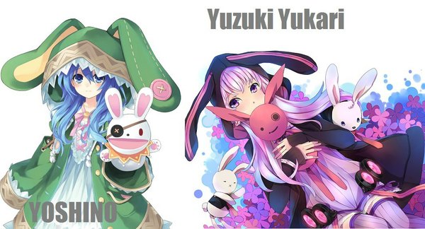 Anime picture 1062x575 with date a live vocaloid yuzuki yukari yoshino (date a live) yoshinon jiman long hair looking at viewer blush blue eyes wide image white background twintails multiple girls animal ears blue hair pink hair long sleeves pink eyes inscription
