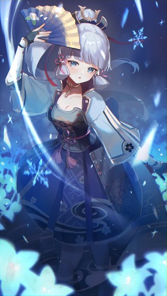 Anime-Bild 2066x3656 mit genshin impact kamisato ayaka kino (m6t2a) single long hair tall image looking at viewer blush fringe highres breasts blue eyes standing holding payot blue hair cleavage blunt bangs traditional clothes japanese clothes