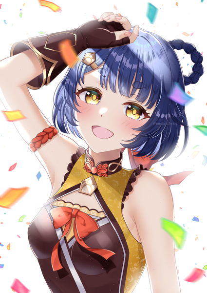 Anime picture 2150x3035 with genshin impact xiangling (genshin impact) tateko25wiz single tall image looking at viewer blush highres short hair open mouth white background yellow eyes blue hair upper body :d eyebrows hand on head girl confetti
