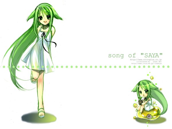 Anime picture 1280x960 with saya no uta nitroplus saya (saya no uta) izumi rei long hair smile green eyes green hair wallpaper happy chibi dress sandals