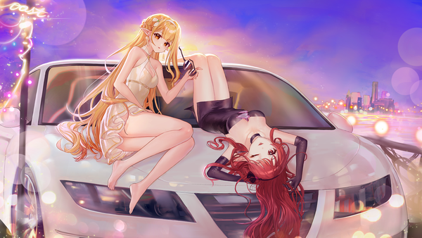 Anime picture 1920x1080 with original zuo600 long hair looking at viewer fringe highres breasts open mouth light erotic blonde hair red eyes wide image multiple girls holding yellow eyes payot sky cleavage full body bent knee (knees)