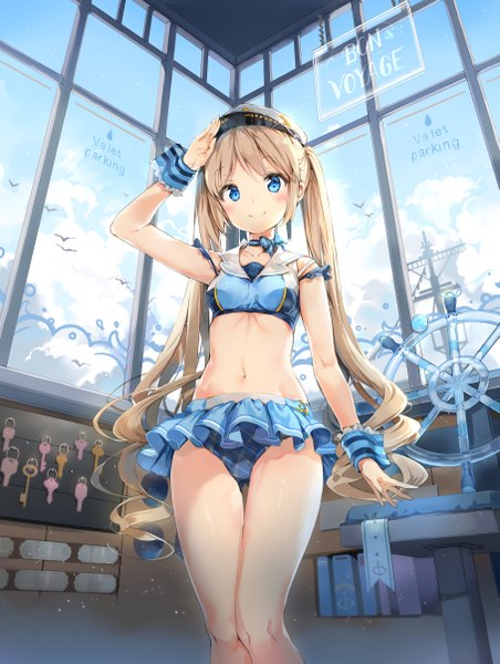 Anime picture 907x1202 with original anmi single tall image looking at viewer blush blue eyes light erotic smile brown hair twintails very long hair drill hair girl skirt navel underwear panties miniskirt wrist cuffs