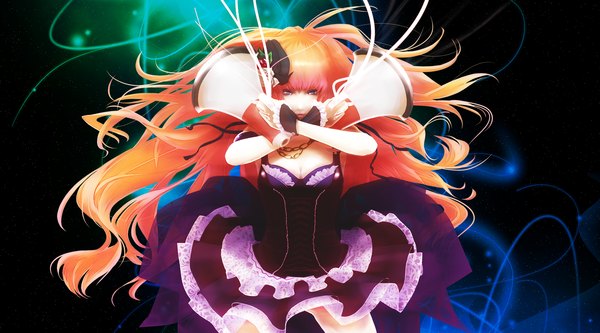 Anime picture 1440x800 with vocaloid megurine luka gassun single long hair breasts blue eyes wide image cleavage hair flower lips orange hair girl dress hair ornament wire (wires) corset megaphone