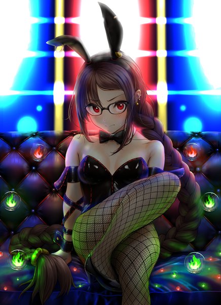 Anime picture 1234x1695 with fate (series) fate/grand order yu mei-ren (fate) kodzuka yasushi single tall image looking at viewer blush fringe breasts light erotic red eyes brown hair sitting animal ears payot cleavage bent knee (knees) indoors braid (braids)