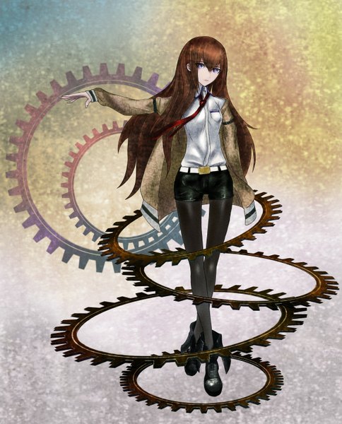 Anime picture 1171x1451 with steins;gate white fox makise kurisu testa421 single long hair tall image brown hair purple eyes open clothes open jacket girl shirt necktie shorts boots gears