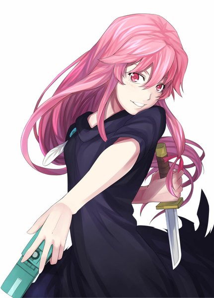 Anime picture 761x1058 with mirai nikki gasai yuno hitukiaki single long hair tall image fringe simple background smile white background holding looking away pink hair head tilt pink eyes outstretched arm girl dress weapon sword