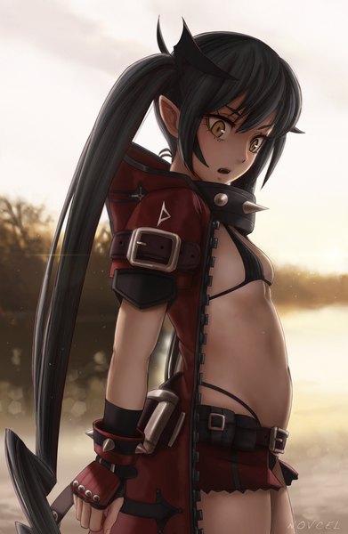 Anime picture 1290x1980 with original lilith parker (novcel) novcel single long hair tall image fringe breasts open mouth light erotic black hair twintails signed yellow eyes sky outdoors pointy ears sunlight blurry open clothes