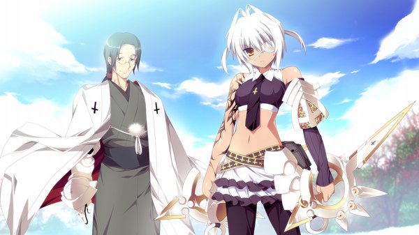 Anime picture 1280x720 with fortissimo//akkord:bsusvier (game) ooba kagerou short hair black hair wide image yellow eyes game cg white hair girl boy skirt navel weapon miniskirt necktie