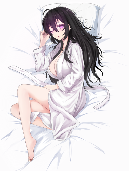 Anime picture 718x951 with original miyaura sanshio beifeng han single long hair tall image breasts light erotic black hair hair between eyes large breasts purple eyes bent knee (knees) lying one eye closed barefoot from above bare legs legs on side