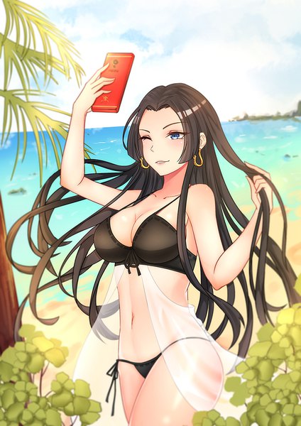 Anime picture 800x1132 with one piece toei animation boa hancock tuzi single long hair tall image blush breasts blue eyes light erotic black hair smile large breasts standing holding payot looking away sky cleavage