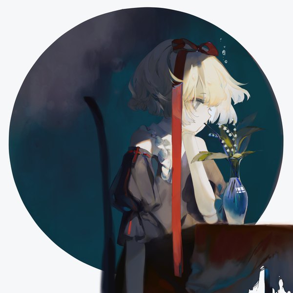 Anime picture 2480x2480 with touhou medicine melancholy zhixie jiaobu single highres short hair blonde hair looking away profile grey eyes head rest drinking doll joints girl dress flower (flowers) ribbon (ribbons) hair ribbon black dress drinking straw