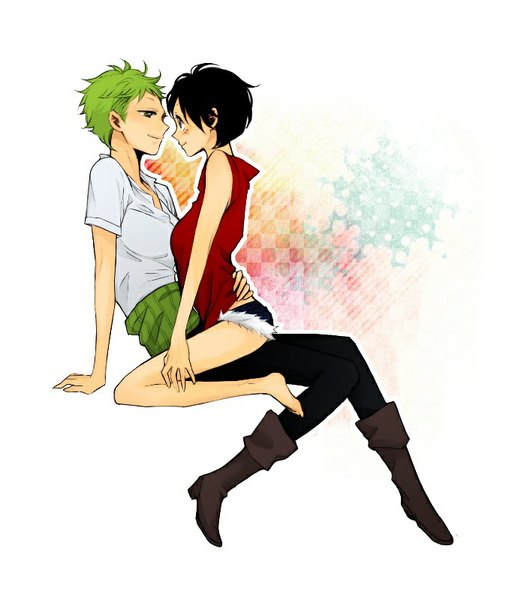 Anime picture 686x800 with one piece toei animation monkey d. luffy roronoa zoro tsuzuki (flee away) tall image short hair black hair simple background smile sitting multiple girls brown eyes green eyes bent knee (knees) profile barefoot green hair arm support scar