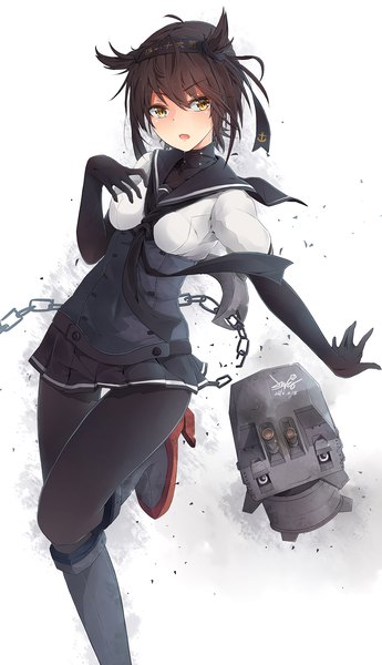 Anime picture 1360x2360 with kantai collection hatsuzuki destroyer chou-10cm-hou-chan (teruzuki's) jenson tw single tall image blush fringe short hair open mouth simple background hair between eyes brown hair standing white background signed yellow eyes looking away ahoge bent knee (knees)