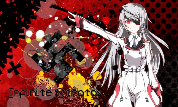 Anime picture 2500x1500 with infinite stratos 8bit laura bodewig single long hair highres red eyes wide image white hair inscription girl uniform eyepatch