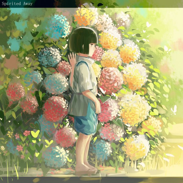 Anime picture 2113x2112 with spirited away studio ghibli haku (spirited away) rrr (reason) single highres short hair black hair traditional clothes profile black eyes inscription boy flower (flowers) plant (plants) petals grass hydrangea