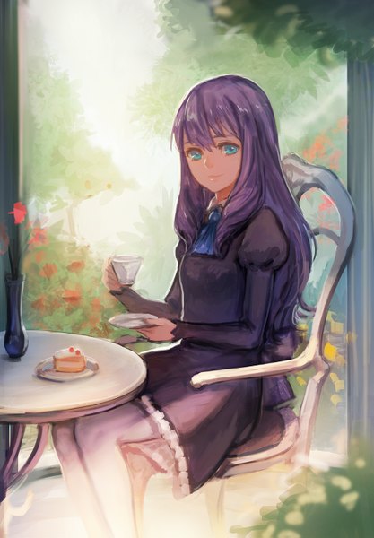 Anime picture 1000x1439 with mai hime sunrise (studio) kazahana mashiro bryanth single long hair tall image looking at viewer blue eyes sitting purple hair girl dress flower (flowers) plant (plants) sweets chair table cup cake