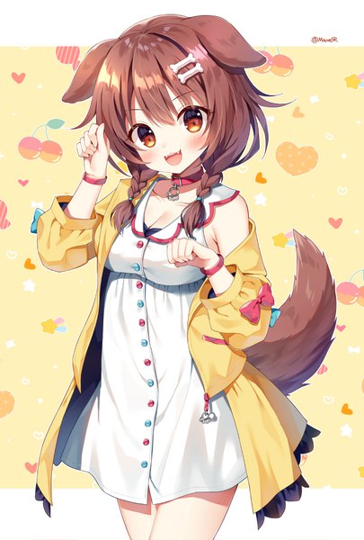 Anime picture 742x1100 with virtual youtuber hololive inugami korone mauve single long hair tall image looking at viewer blush fringe open mouth hair between eyes brown hair standing brown eyes signed animal ears tail braid (braids) :d