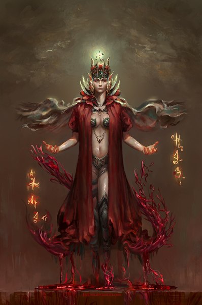 Anime picture 750x1131 with tides of blood indiron single tall image looking at viewer light erotic red eyes standing pointy ears open clothes hieroglyph elf red background girl navel boots blood jewelry cloak crown