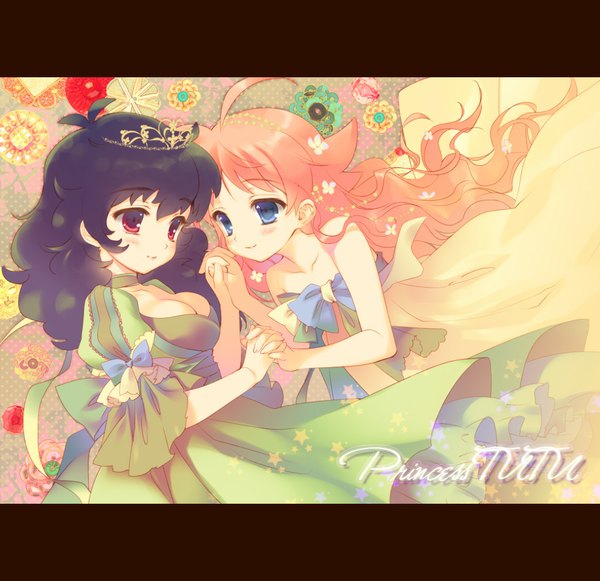 Anime picture 1032x1000 with princess tutu ahiru arima rue kuroha santa matsuri long hair blush breasts blue eyes black hair smile red eyes large breasts bare shoulders multiple girls cleavage ahoge inscription holding hands wavy hair girl