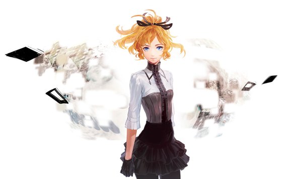 Anime picture 1500x891 with iwamoto zerogo single looking at viewer blue eyes blonde hair wide image ponytail frilly skirt girl skirt gloves ribbon (ribbons) hair ribbon pantyhose black gloves book (books) blouse