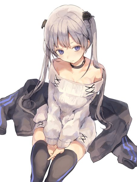 Anime picture 1545x2048 with original iijima masashi single long hair tall image looking at viewer blush fringe breasts blue eyes simple background white background sitting twintails bare shoulders cleavage long sleeves head tilt grey hair off shoulder