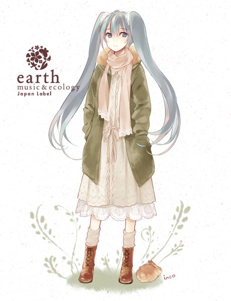 Anime picture 1023x1333 with vocaloid hatsune miku horiizumi inko single long hair tall image simple background white background twintails signed aqua eyes aqua hair inscription lacing hands in pockets girl dress plant (plants) socks boots