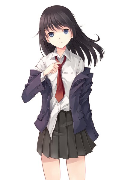 Anime picture 666x900 with original paseri single long hair tall image looking at viewer fringe blue eyes black hair standing white background head tilt pleated skirt wind open collar adjusting necktie girl skirt uniform school uniform