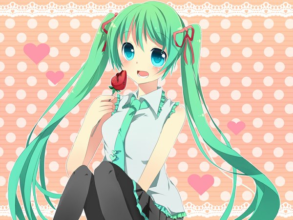 Anime picture 1024x768 with vocaloid hatsune miku ao ringo (artist) long hair blush open mouth blue eyes twintails green hair polka dot polka dot background girl pantyhose necktie food heart berry (berries) strawberry
