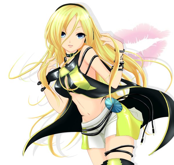 Anime picture 2000x1900 with vocaloid lily (vocaloid) megupo single long hair fringe highres breasts blue eyes blonde hair light smile lips girl skirt navel bracelet belt