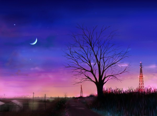 Anime picture 1300x966 with original monorisu sky cloud (clouds) night sky evening sunset no people landscape crescent plant (plants) tree (trees) power lines road