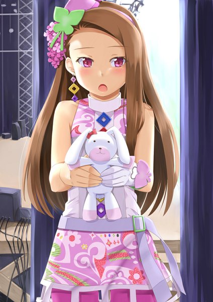 Anime picture 827x1169 with idolmaster idolmaster (classic) minase iori miri (ago550421) single long hair tall image looking at viewer blush open mouth brown hair bare shoulders pink eyes princess melody (idolmaster) girl dress hair ornament hairband toy stuffed animal