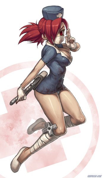 Anime picture 725x1254 with skullgirls valentine (skullgirls) speeh single tall image looking at viewer fringe short hair light erotic simple background red eyes white background red hair hair over one eye pantyshot legs nurse girl gloves underwear