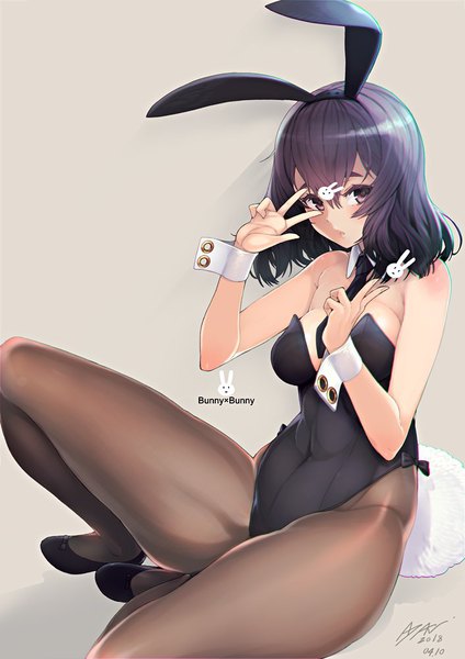 Anime picture 707x1000 with original ayaki (artist) single long hair tall image looking at viewer fringe breasts light erotic simple background hair between eyes sitting bare shoulders brown eyes signed animal ears purple hair tail animal tail grey background