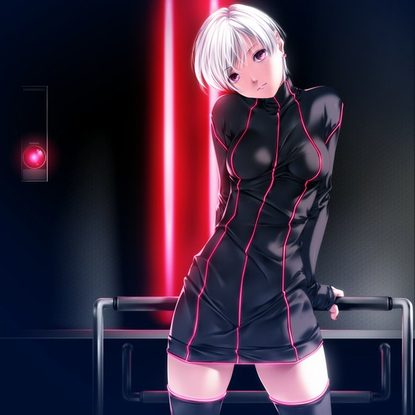 Anime picture 1000x1000 with original rezi single looking at viewer short hair silver hair white hair pink eyes girl thighhighs black thighhighs earrings