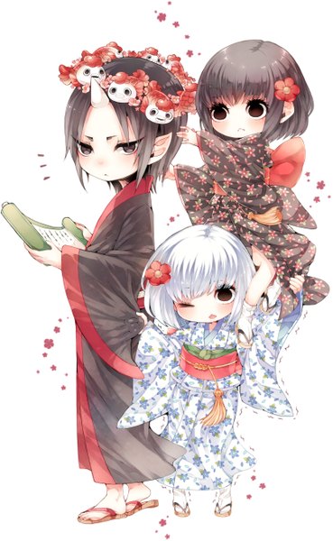 Anime picture 1650x2680 with hoozuki no reitetsu wit studio hoozuki (hoozuki no reitetsu) ichiko (hoozuki no reitetsu) niko (hoozuki no reitetsu) niwako tall image looking at viewer blush fringe black hair simple background white background sitting multiple girls full body white hair traditional clothes japanese clothes one eye closed