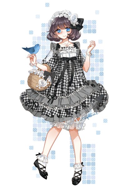 Anime picture 1000x1497 with original sptuel single tall image fringe short hair blue eyes simple background brown hair signed looking away full body blunt bangs light smile plaid bird on hand girl dress flower (flowers) animal