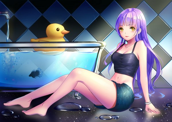 Anime picture 1200x849 with original catcan single long hair looking at viewer blush yellow eyes purple hair barefoot bare belly bare legs girl navel shorts short shorts bath rubber duck
